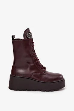 Botki Ocieplane|Botki Skórzane></noscript>Boto Skórzane Botki Damskie Z Ozdobą Ocieplane Bordowe Ulrika Czerwony