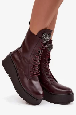 Botki Ocieplane|Botki Skórzane></noscript>Boto Skórzane Botki Damskie Z Ozdobą Ocieplane Bordowe Ulrika Czerwony