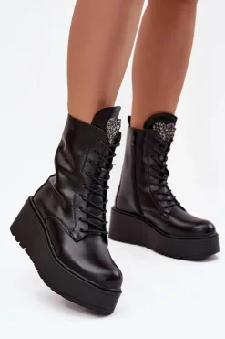 Discount Boto Skórzane Botki Damskie Z Ozdobą Ocieplane Czarne Ulrika Czarny
