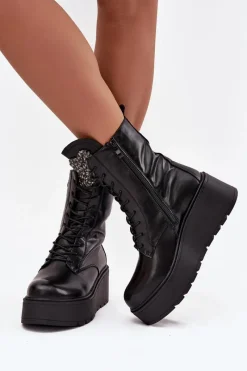 Discount Boto Skórzane Botki Damskie Z Ozdobą Ocieplane Czarne Ulrika Czarny