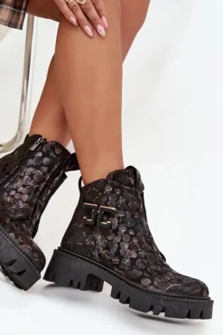 Botki Ocieplane|Botki Skórzane>Artiker Skórzane Botki Damskie Z Ozdobą Ocieplane 57C2084 Czarno-Złote Czarny