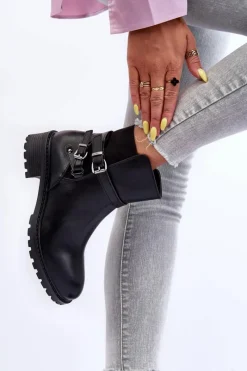 Clearance Skórzane Botki Damskie Z Paskami Czarne Minks Damskie Czarne Botki|Botki Płaskie