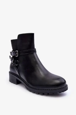 Clearance Skórzane Botki Damskie Z Paskami Czarne Minks Damskie Czarne Botki|Botki Płaskie