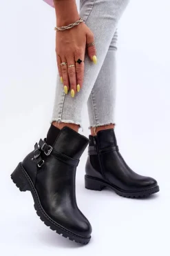 Clearance Skórzane Botki Damskie Z Paskami Czarne Minks Damskie Czarne Botki|Botki Płaskie