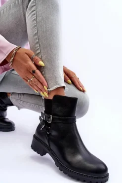 Clearance Skórzane Botki Damskie Z Paskami Czarne Minks Damskie Czarne Botki|Botki Płaskie