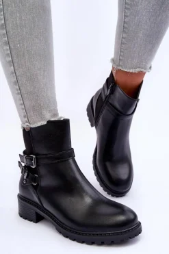 Clearance Skórzane Botki Damskie Z Paskami Czarne Minks Damskie Czarne Botki|Botki Płaskie