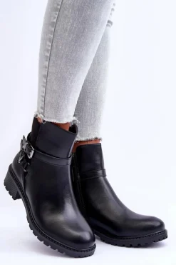 Clearance Skórzane Botki Damskie Z Paskami Czarne Minks Damskie Czarne Botki|Botki Płaskie