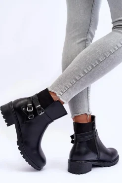 Clearance Skórzane Botki Damskie Z Paskami Czarne Minks Damskie Czarne Botki|Botki Płaskie