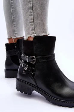 Clearance Skórzane Botki Damskie Z Paskami Czarne Minks Damskie Czarne Botki|Botki Płaskie