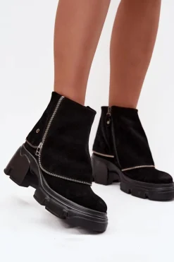 Best Skórzane Botki Damskie Z Wywiniętą Cholewką 07145-01 Czarne Damskie Botki Ocieplane|Botki Maciejka