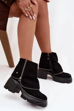 Best Skórzane Botki Damskie Z Wywiniętą Cholewką 07145-01 Czarne Damskie Botki Ocieplane|Botki Maciejka