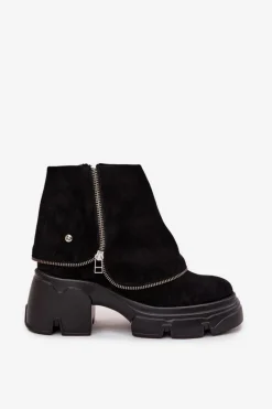 Best Skórzane Botki Damskie Z Wywiniętą Cholewką 07145-01 Czarne Damskie Botki Ocieplane|Botki Maciejka