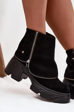 Best Skórzane Botki Damskie Z Wywiniętą Cholewką 07145-01 Czarne Damskie Botki Ocieplane|Botki Maciejka