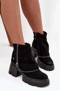 Best Skórzane Botki Damskie Z Wywiniętą Cholewką 07145-01 Czarne Damskie Botki Ocieplane|Botki Maciejka