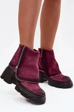 Discount Maciejka Skórzane Botki Damskie Z Wywiniętą Cholewką 07145-23 Bordowe Czerwony