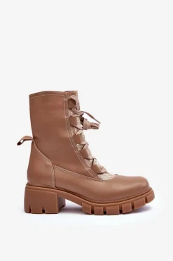 Online Boto Skórzane Botki Damskie Z Wiązaniem Beżowe Doreli