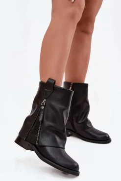 Hot Maciejka Skórzane Botki Damskie Z Wywiniętą Cholewką Na Klocku K7213-01 Czarne