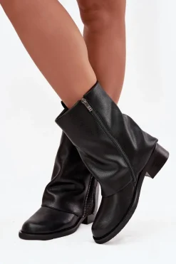 Hot Maciejka Skórzane Botki Damskie Z Wywiniętą Cholewką Na Klocku K7213-01 Czarne