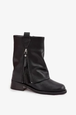 Hot Maciejka Skórzane Botki Damskie Z Wywiniętą Cholewką Na Klocku K7213-01 Czarne