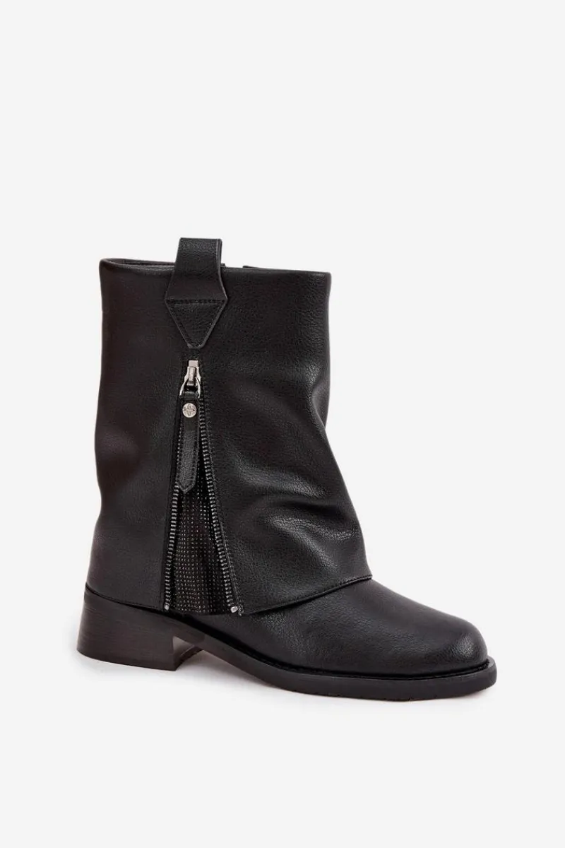 Hot Maciejka Skórzane Botki Damskie Z Wywiniętą Cholewką Na Klocku K7213-01 Czarne