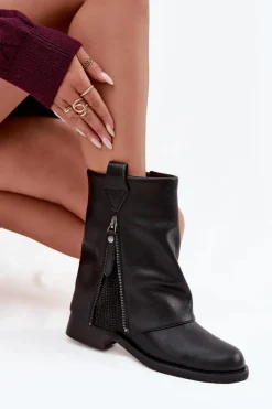 Hot Maciejka Skórzane Botki Damskie Z Wywiniętą Cholewką Na Klocku K7213-01 Czarne