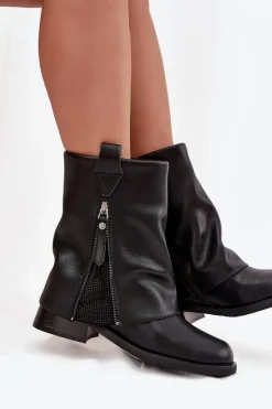 Hot Maciejka Skórzane Botki Damskie Z Wywiniętą Cholewką Na Klocku K7213-01 Czarne