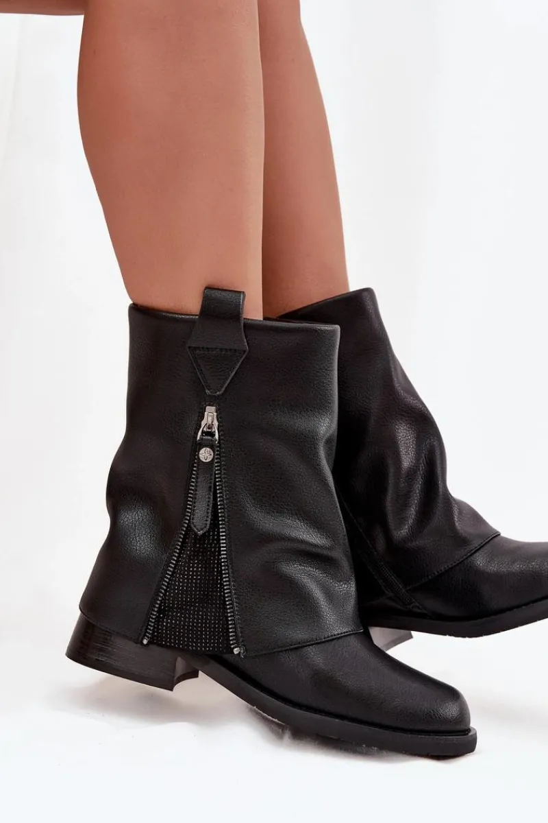 Hot Maciejka Skórzane Botki Damskie Z Wywiniętą Cholewką Na Klocku K7213-01 Czarne