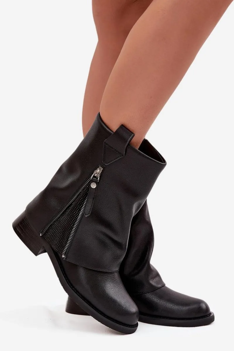 Hot Maciejka Skórzane Botki Damskie Z Wywiniętą Cholewką Na Klocku K7213-01 Czarne