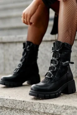 Best Boto Skórzane Botki Damskie Z Wiązaniem Czarne Doreli