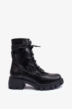 Best Boto Skórzane Botki Damskie Z Wiązaniem Czarne Doreli