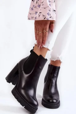 New Skórzane Botki Gładkie Na Słupku Czarne Eldey Damskie Botki Ocieplane|Damskie Trapery