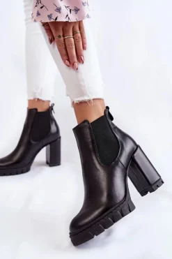 New Skórzane Botki Gładkie Na Słupku Czarne Eldey Damskie Botki Ocieplane|Damskie Trapery