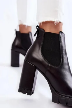 New Skórzane Botki Gładkie Na Słupku Czarne Eldey Damskie Botki Ocieplane|Damskie Trapery
