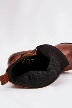 Sale Skórzane Botki Kowbojki Damskie Na Słupku Ocieplane 60565 Brązowe Damskie Botki Ocieplane|Botki Skórzane