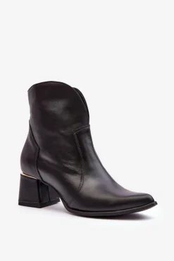 Best Skórzane Botki Kowbojki Damskie Na Obcasie Czarne Lewski 3166/B/2 Damskie Botki Na Słupku|Botki Na Obcasie