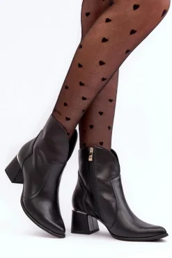 Best Skórzane Botki Kowbojki Damskie Na Obcasie Czarne Lewski 3166/B/2 Damskie Botki Na Słupku|Botki Na Obcasie