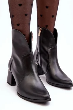 Best Skórzane Botki Kowbojki Damskie Na Obcasie Czarne Lewski 3166/B/2 Damskie Botki Na Słupku|Botki Na Obcasie