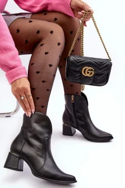 Best Skórzane Botki Kowbojki Damskie Na Obcasie Czarne Lewski 3166/B/2 Damskie Botki Na Słupku|Botki Na Obcasie