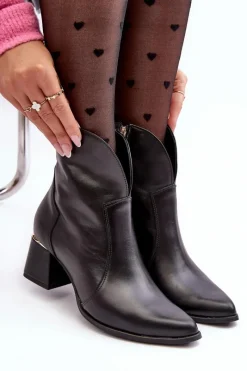 Best Skórzane Botki Kowbojki Damskie Na Obcasie Czarne Lewski 3166/B/2 Damskie Botki Na Słupku|Botki Na Obcasie