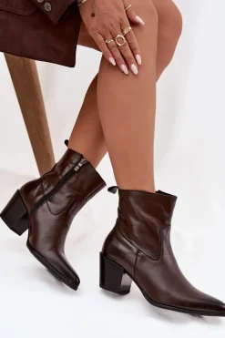 Online Zazoo Skórzane Botki Kowbojki Damskie Na Słupku Ocieplane 60565 Czekoladowe Brązowy