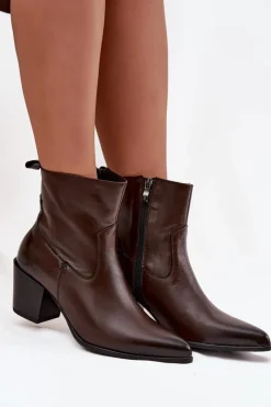 Online Zazoo Skórzane Botki Kowbojki Damskie Na Słupku Ocieplane 60565 Czekoladowe Brązowy