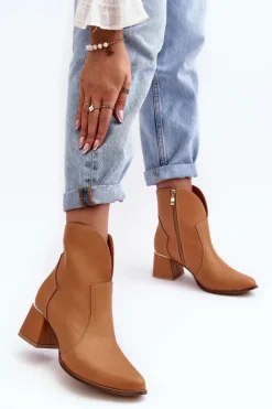 Discount Boto Skórzane Botki Kowbojki Damskie Na Obcasie Camel Lewski 3166/B/2