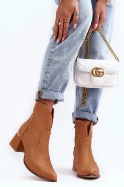 Discount Boto Skórzane Botki Kowbojki Damskie Na Obcasie Camel Lewski 3166/B/2