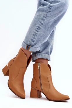 Discount Boto Skórzane Botki Kowbojki Damskie Na Obcasie Camel Lewski 3166/B/2