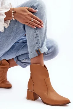Discount Boto Skórzane Botki Kowbojki Damskie Na Obcasie Camel Lewski 3166/B/2
