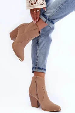 New Boto Skórzane Botki Kowbojki Na Obcasie Beżowe Lotoune