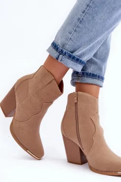 New Boto Skórzane Botki Kowbojki Na Obcasie Beżowe Lotoune