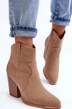 New Boto Skórzane Botki Kowbojki Na Obcasie Beżowe Lotoune