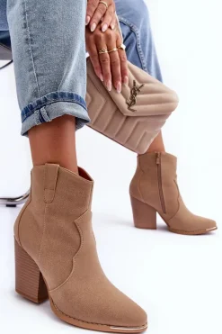 New Boto Skórzane Botki Kowbojki Na Obcasie Beżowe Lotoune