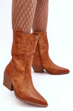 Outlet Skórzane Botki Kowbojki Na Niskim Obcasie Camel Ursuline Damskie Botki Wiosenne|Botki Na Słupku